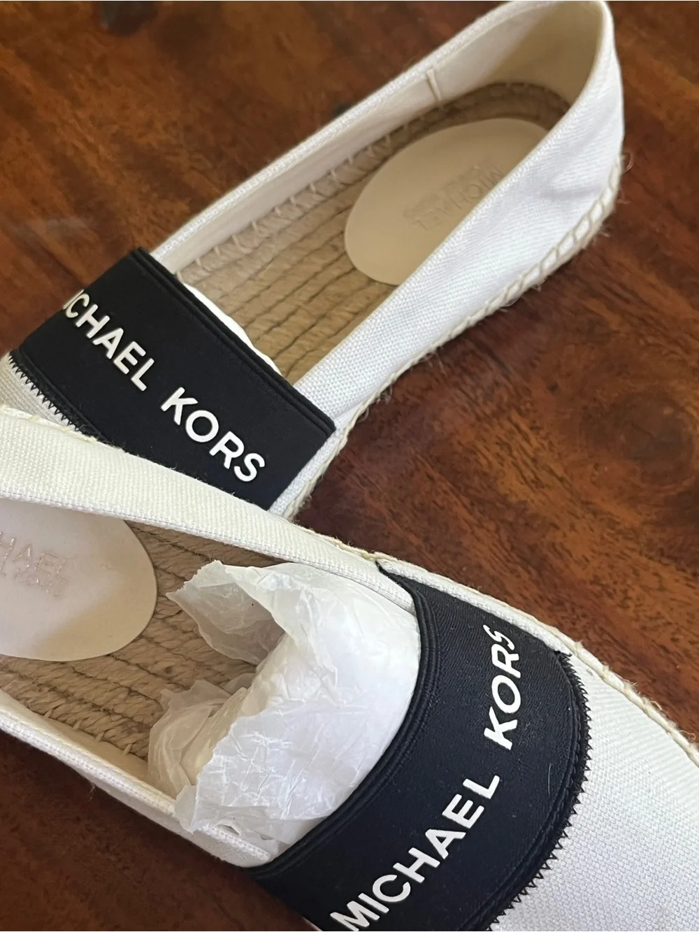 Michael Kors Size 8M White Espadrille Slip-On with Black Logo Band